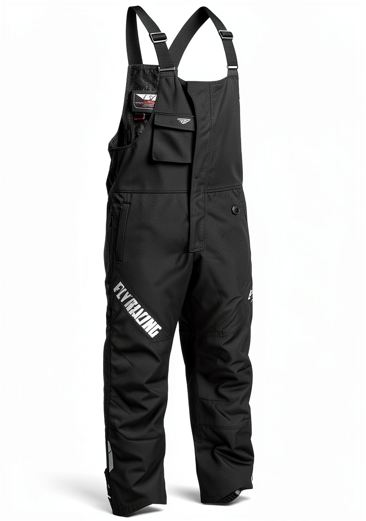 Fly Racing boys ski bibs in Black/Black color on a snowy slope